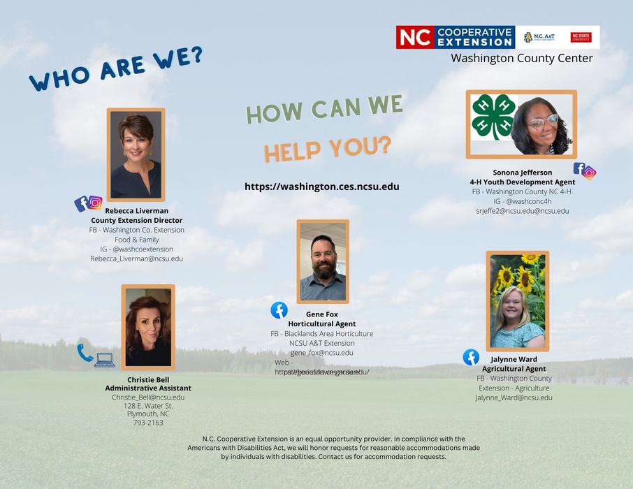 Flyer with blue sky and green grass background, with pictures of the 5 staff members of Washington County Extension