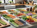 Counter with various food prep containers organized on top