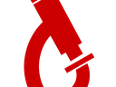 Red stylized microscope tilted right on black background