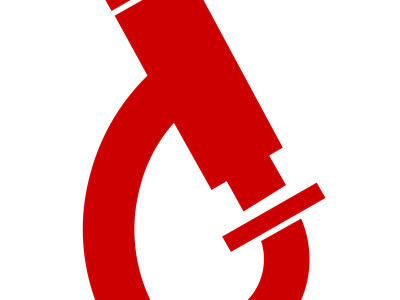 Red stylized microscope tilted right on black background