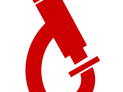 Red stylized microscope tilted right on black background