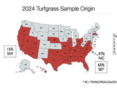 US map: 2024 turfgrass sample origins — 65% SE, 15% SW, 37% NC; Top 5: NC, FL, TX, CA, AL