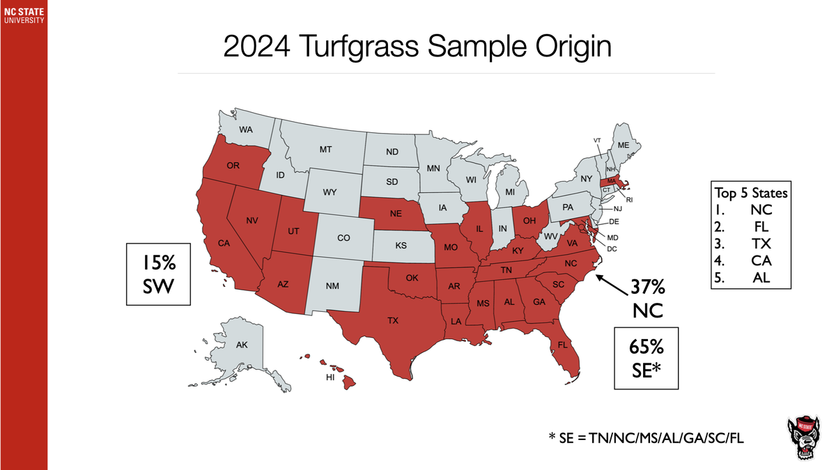 US map: 2024 turfgrass sample origins — 65% SE, 15% SW, 37% NC; Top 5: NC, FL, TX, CA, AL