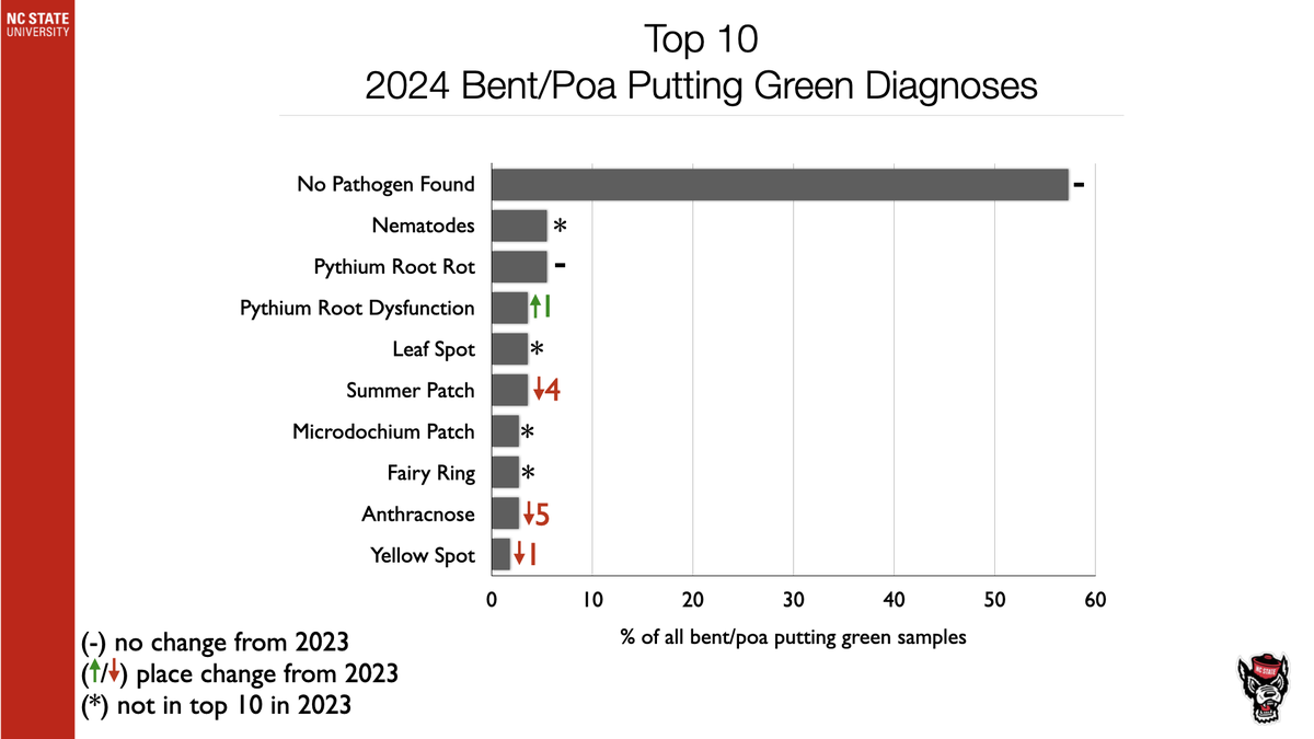 Top 10 2024 Bent/Poa putting green diagnoses chart showing "No Pathogen Found" highest