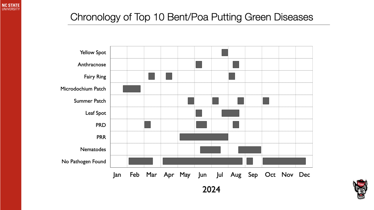 Chronology of top 10 Bent/Poa putting green diseases by month (2024)