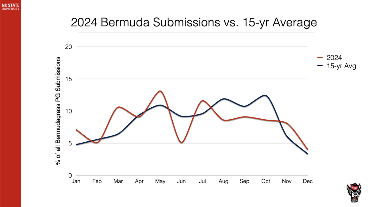 2024 Bermuda Submissions vs. 15-yr Average chart: monthly % of Bermudagrass PG submissions; red=2024, blue=15-yr avg