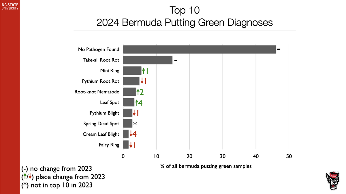 Bar chart "Top 10 2024 Bermuda Putting Green Diagnoses" with "No Pathogen Found" highest.