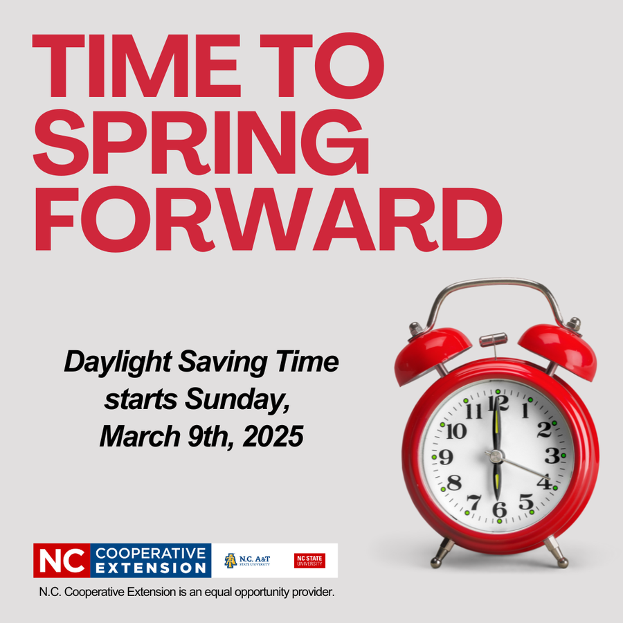 TIME TO SPRING FORWARD text; red alarm clock; Daylight Saving Time starts Sunday, March 9th, 2025