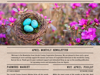Lincoln County Cooperative Extension newsletter cover — nest with three blue eggs among pink flowers