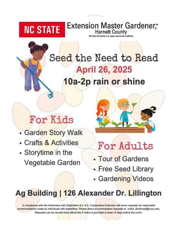 Seed the Need to Read — NC State Extension event, Apr 26, 2025, 10a–2p, Ag Building 126 Alexander Dr.