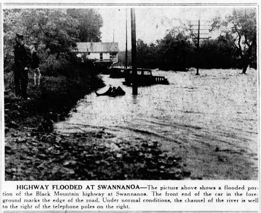 Newspaper photo from 1940 showing flooded streets of Swannanoa, NC with car in water.