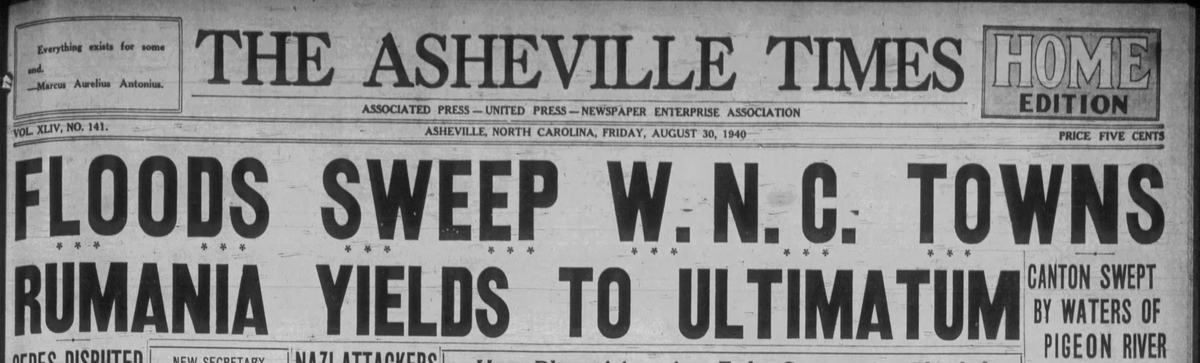 Newspaper headline "Floods Sweep WNC Towns" from 1940 newspaper. 