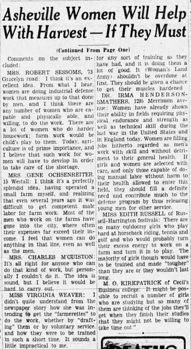 1941 Newspaper article of women's opinions of performing harvest work on fall crops.