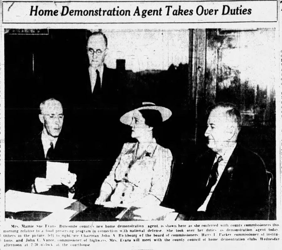 Black and white photo of Mamie Sue Evans, newest Buncombe County Home Demonstration agent in 1941.