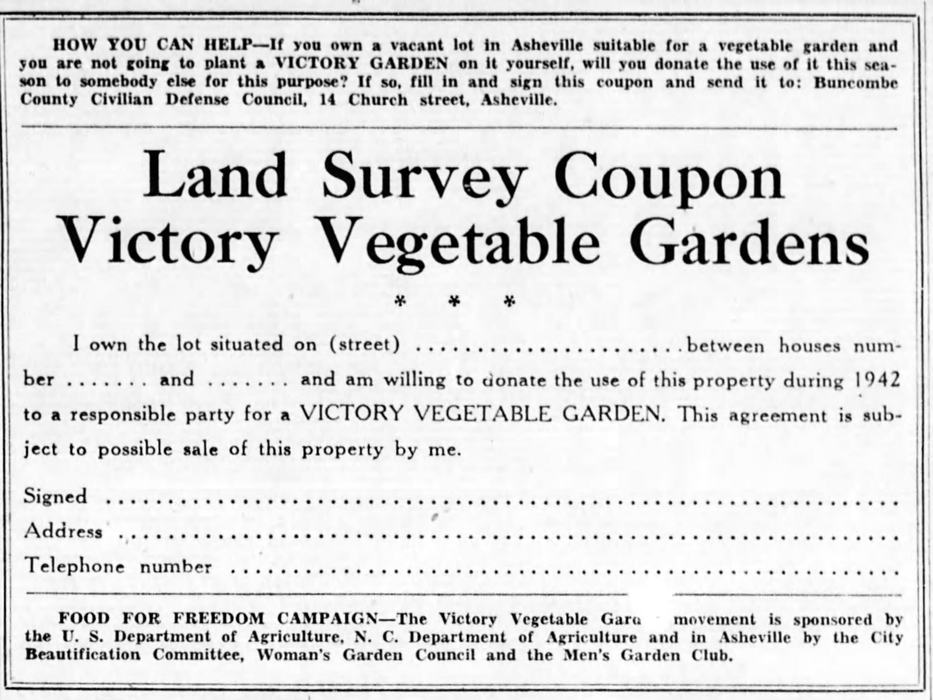 Newspaper article from 1942 of the Land Survey Coupon for Victory Vegetable Gardens where land could be donated for the purpose of growing a garden.
