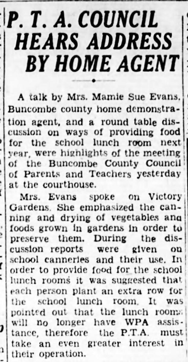 Newspaper article from 1943 about Mamie Sue Evans speaking at a PTA meeting about school lunch food.