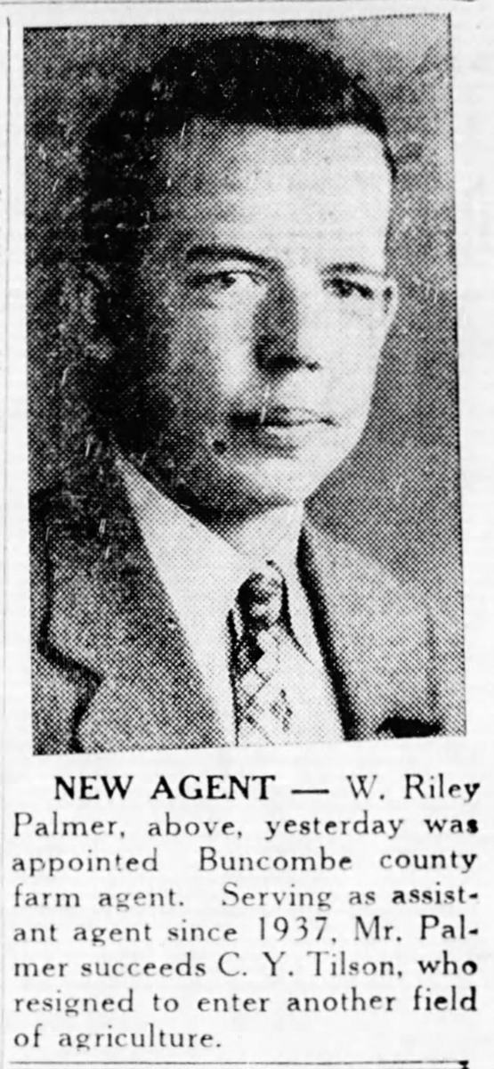 Newspaper photo of W. Riley Palmer, Farm Agent for Buncombe County from 1944 - 1973.
