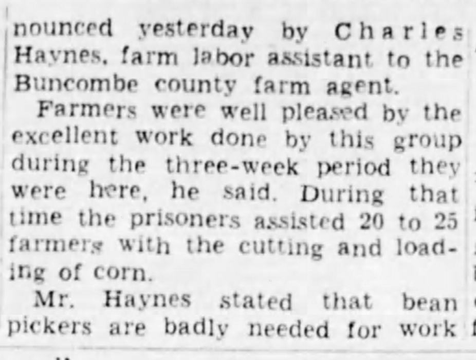 Second part of 1944 newspaper article about the farmers of Buncombe County requesting German prisoners of war to do farm work.