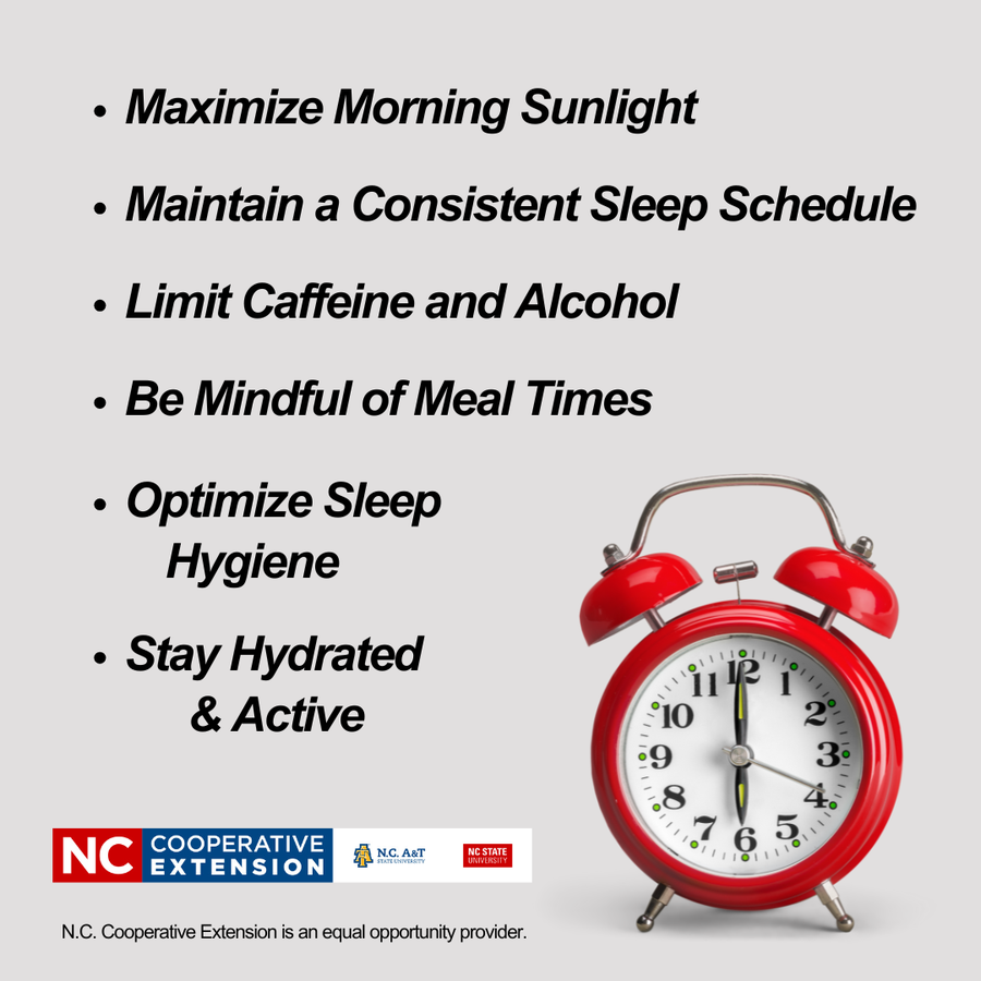 Sleep tips list (maximize morning sunlight; consistent schedule; limit caffeine) and red alarm clock