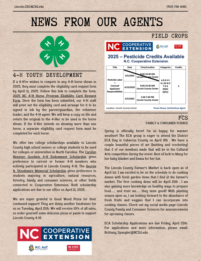 Second page April 2025 newsletter with 4-H, FCS, and Field Crop updates