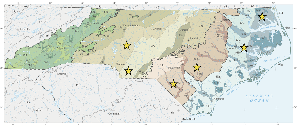 Map of North Carolina ecoregions with starts showing trial sites.