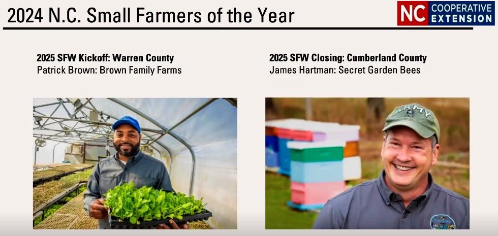 2024 N.C. Small Farmers of the Year — Patrick Brown holding seedlings; James Hartman by beehives