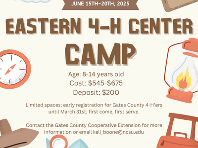 Eastern 4‑H Center Camp poster — June 15–20, 2025; age 8–14; cost $545–$675; deposit $200