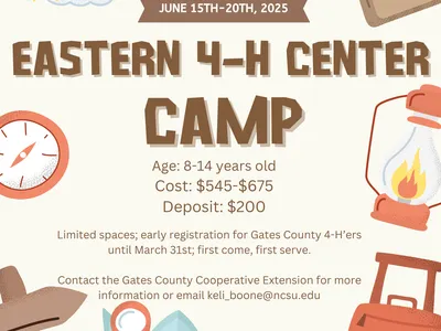 Eastern 4‑H Center Camp poster — June 15–20, 2025; age 8–14; cost $545–$675; deposit $200