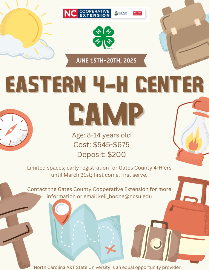 Eastern 4‑H Center Camp poster — June 15–20, 2025; age 8–14; cost $545–$675; deposit $200