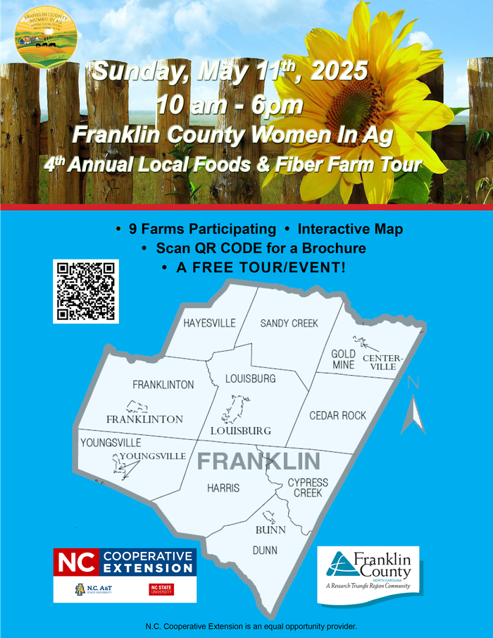 Sunday May 11, 2025 WIA Local Foods Farm Tour brochure with Franklin County townships map QR code for a brochure and sunflowers 
