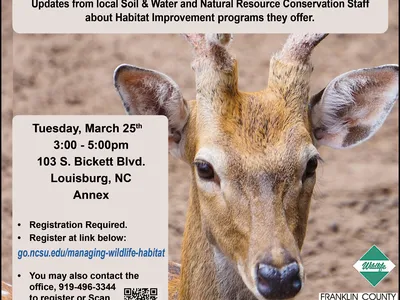ManagingWildlife Habitat meeting flyer, date, location, time, registration info with deer in wooded background