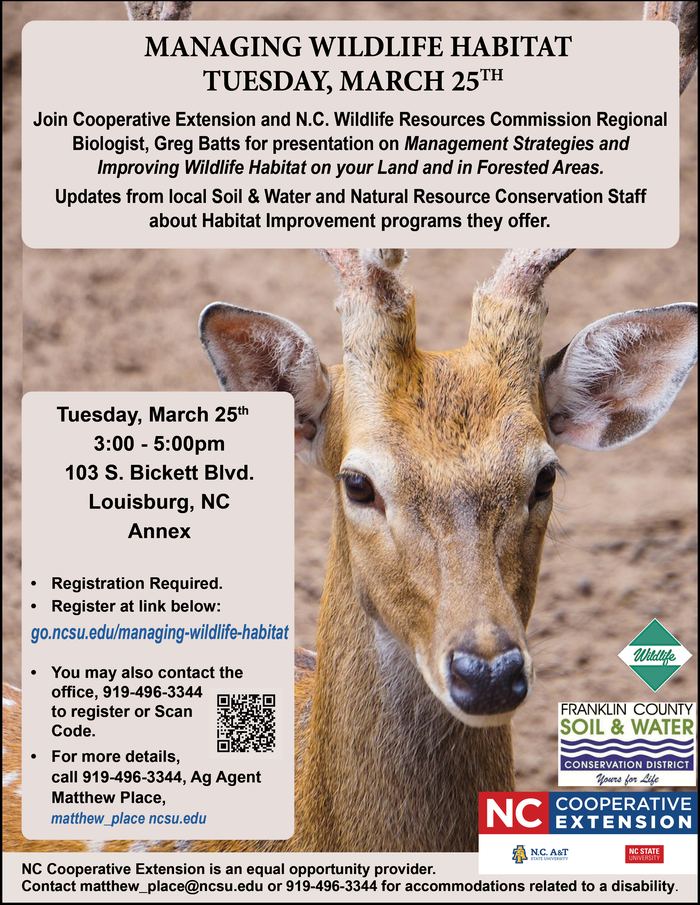 ManagingWildlife Habitat meeting flyer, date, location, time, registration info with deer in wooded background