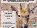 ManagingWildlife Habitat meeting flyer, date, location, time, registration info with deer in wooded background