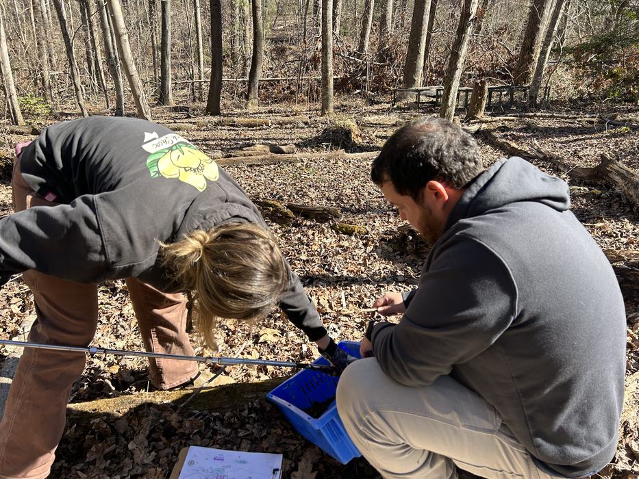 Two people in a forest collecting soil samples into a blue container