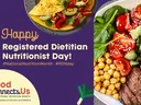 Happy Registered Dietitian Nutritionist Day! purple banner, salad bowl, "Food Connects Us" logo