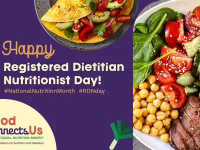 Happy Registered Dietitian Nutritionist Day! purple banner, salad bowl, "Food Connects Us" logo