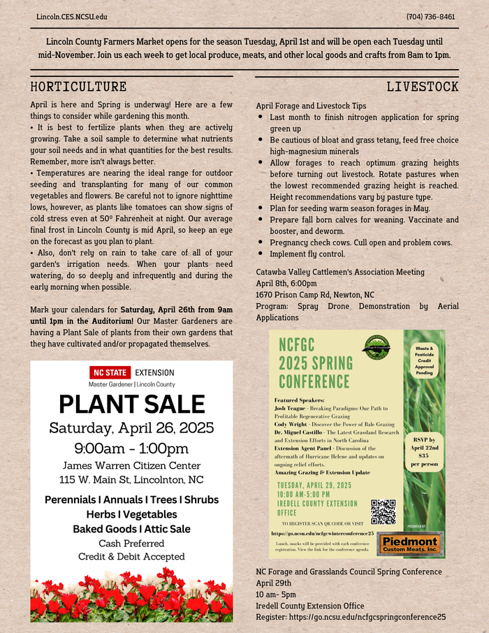 There page of April 2025 Newsletter with Horticulture and Livestock updates