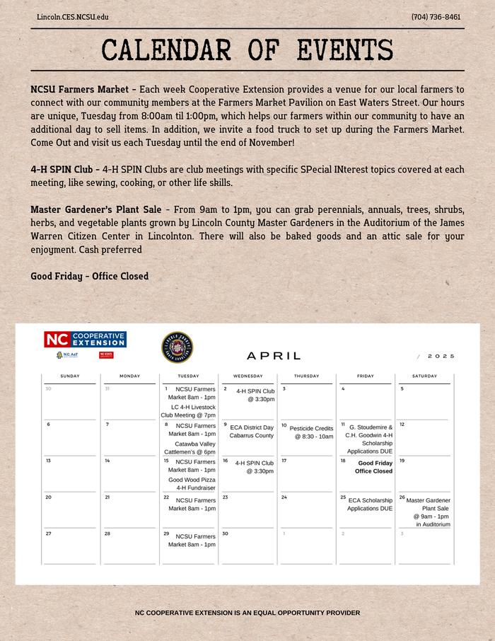 Fourth page of the April 2025 Newsletter with Calendar of Events 