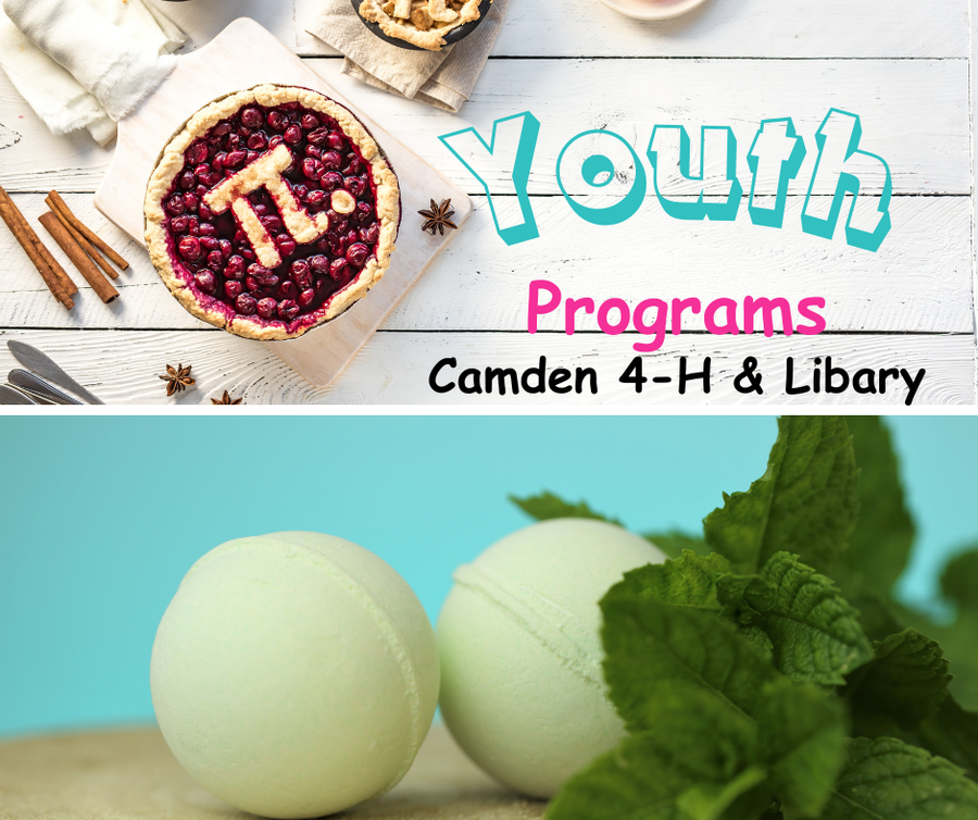 Cherry pie with π and text 'Youth Programs Camden 4-H & Libary'; two green bath bombs with mint