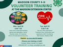 Light blue flyer with training details. Green chalkboard team building icon and red heart CPR icon.