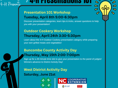 4-H Presentations 101: Apr 8 5–6:30pm; Apr 24 3:30–5:30pm; May 15 2–7pm; Jun 21