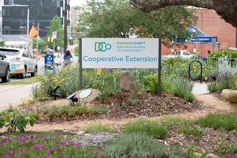 The Cooperative Extension sign in the demo garden