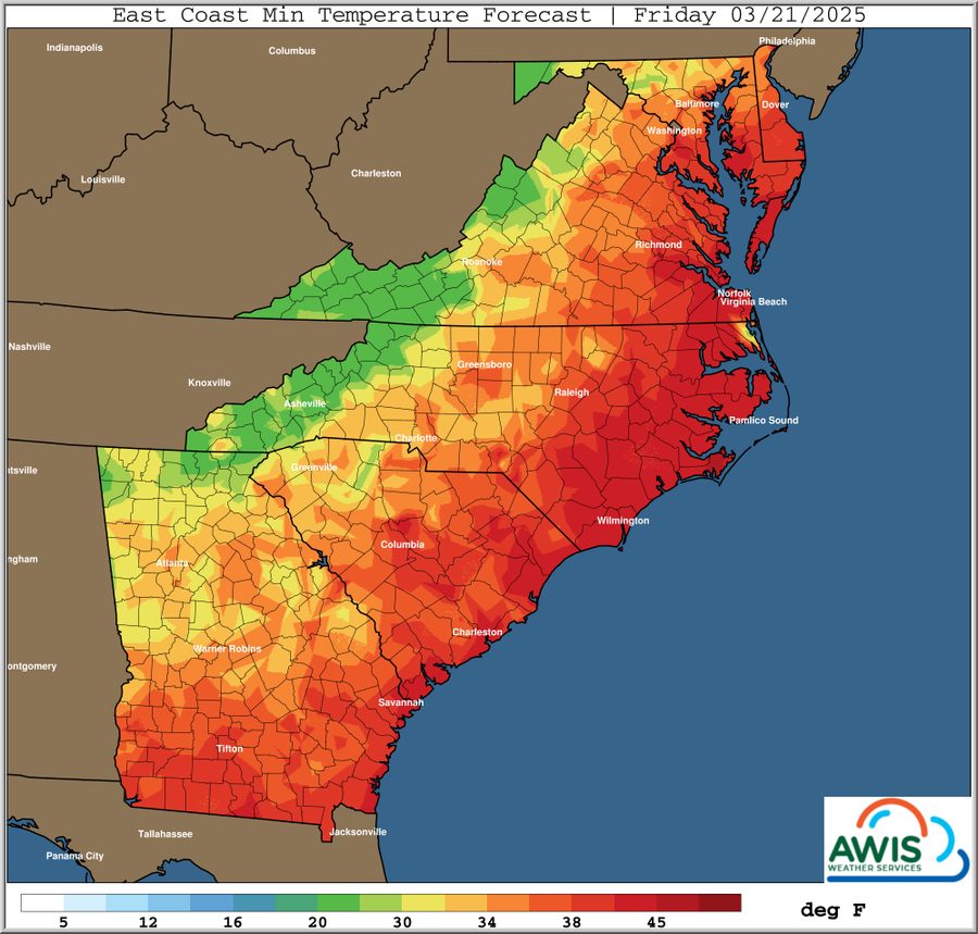 East Coast minimum temperature forecast map for Friday 03/21/2025 with color scale in deg F.