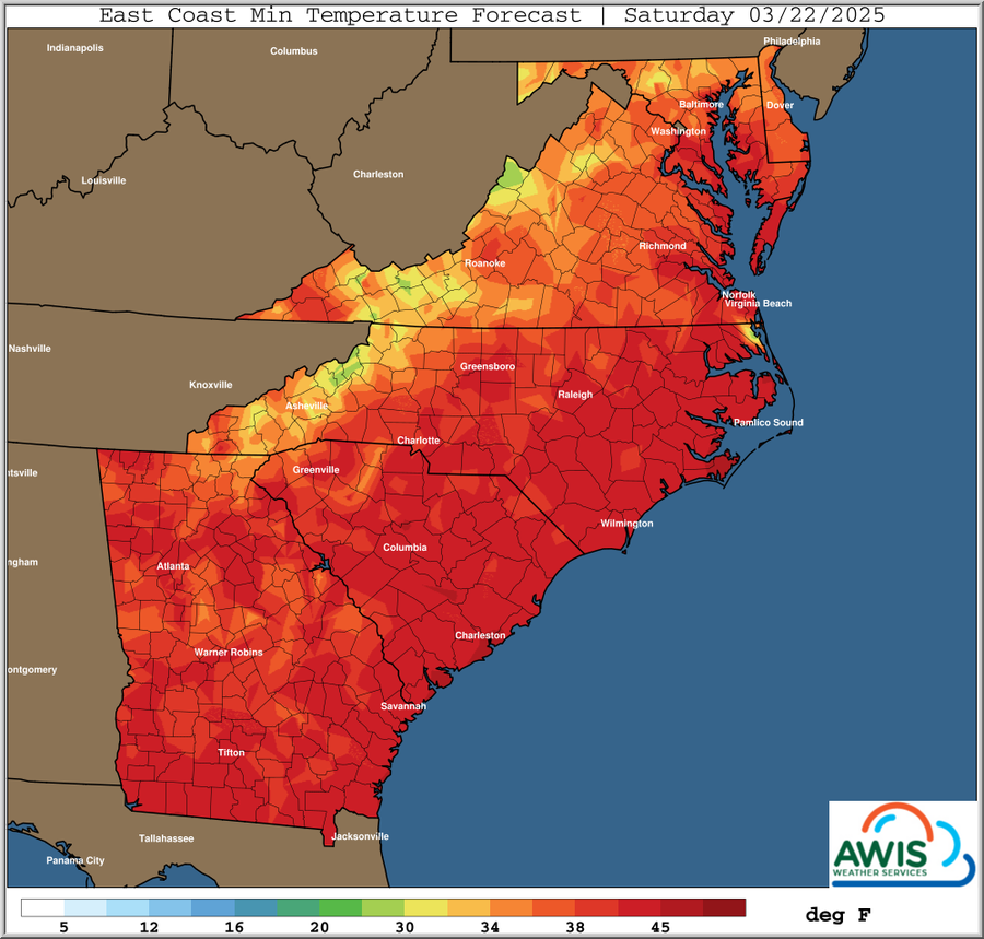East Coast minimum temperature forecast map for Saturday 03/22/2025 with color scale in deg F