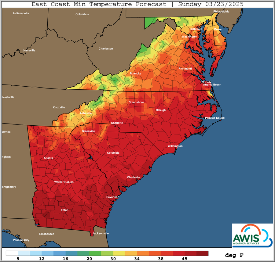 East Coast Min Temperature Forecast Sunday 03/23/2025 map showing color-coded minimum temps and legend (deg F)