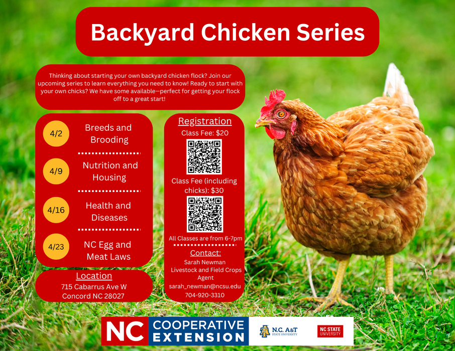 Backyard Chicken Series; dates 4/2–4/23 (4 sessions); location 715 Cabarrus Ave W, Concord NC