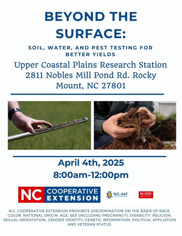 Beyond the Surface workshop: soil, water, pest testing — Apr 4, 2025 8:00–12:00, Rocky Mount NC