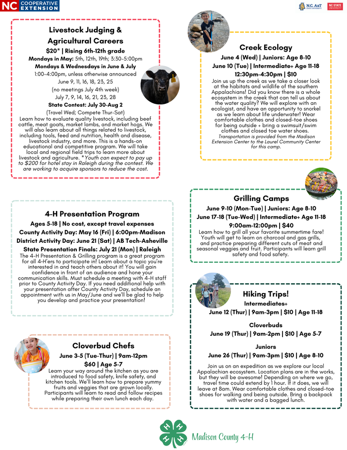 Madison County 4‑H summer programs flyer: Livestock Judging, Creek Ecology, Grilling, Chefs, Hiking