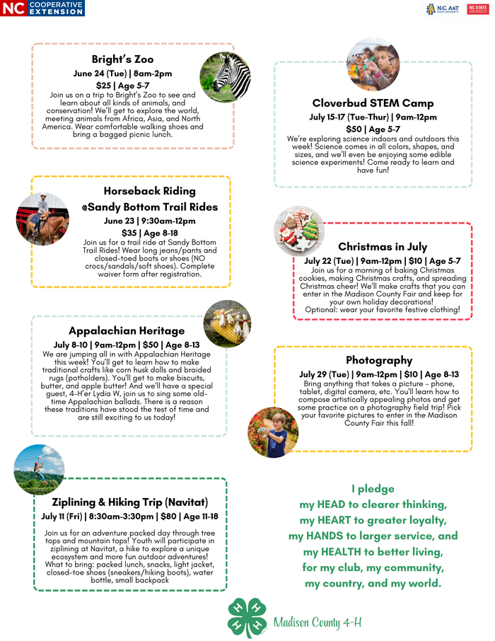 Madison County 4‑H summer activities flyer listing camps, trips, dates, ages, and prices
