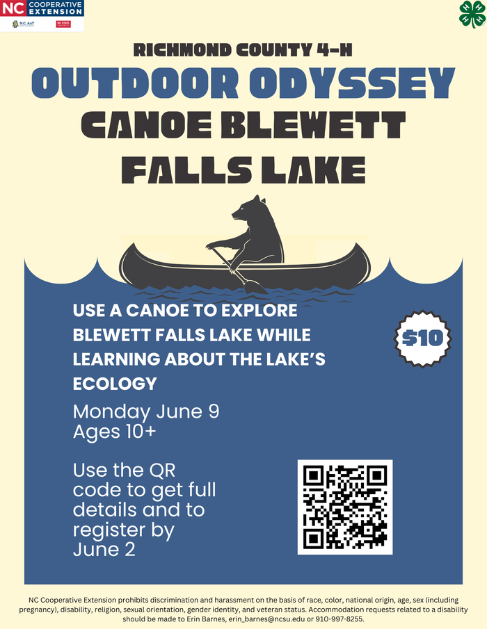 a flyer advertising a 4-H canoeing activity on Blewett Falls Lake. The date is Monday June 9 and for ages 10+